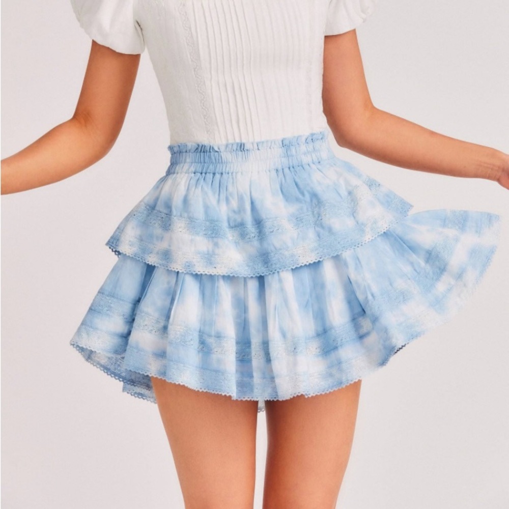 Love Shack Fancy blue and white tie die skirt, size small
